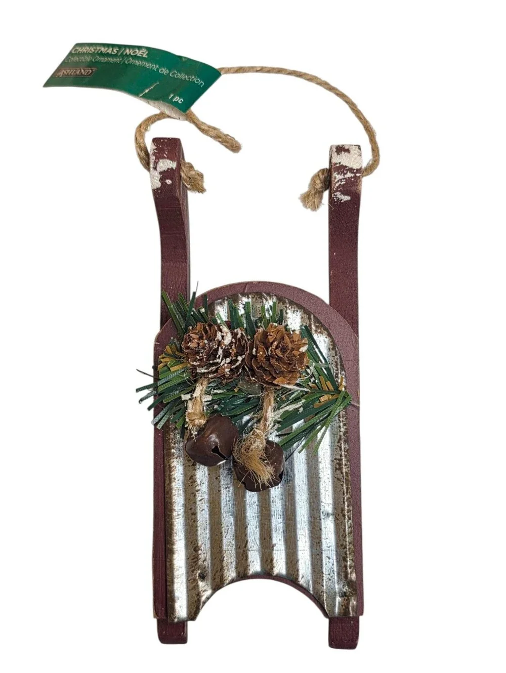 Christmas Ornament Minature Rustic Metal Red Pine Sled Holiday Decorations